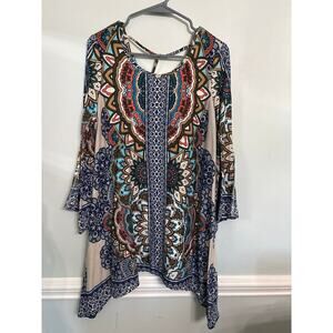 New Directions Boho Mandala Print Tunic Top | Bell Sleeve | Size L